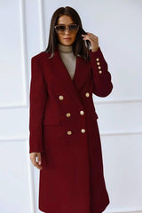 Autumn And Winter Long Metal Buckle Tweed Jacket For Women-Dark Red-4