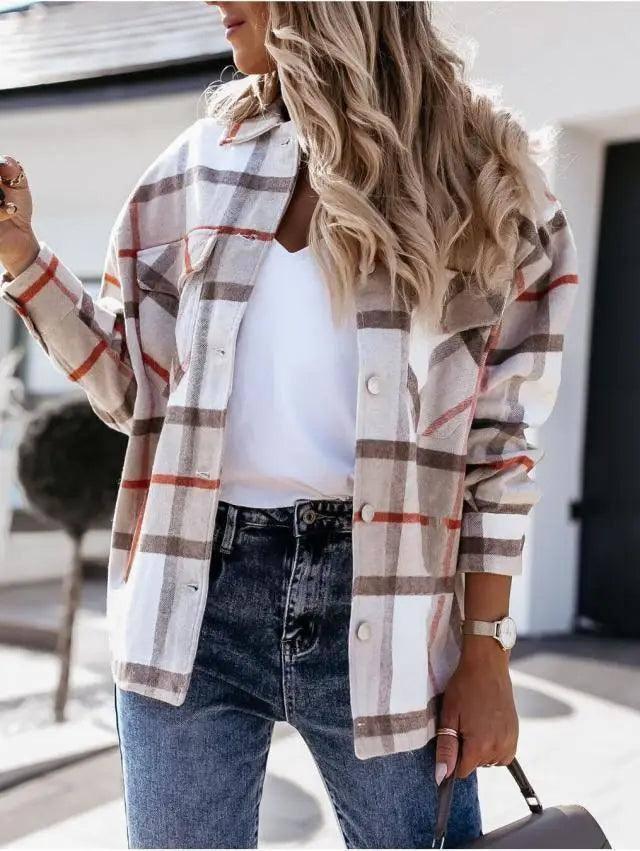 Autumn And Winter Long-Sleeved Plaid Shirt Jacket Women-Khaki-12