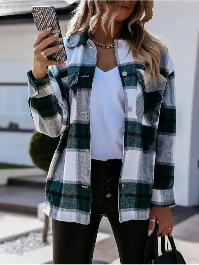 Autumn And Winter Long-Sleeved Plaid Shirt Jacket Women-Green-14