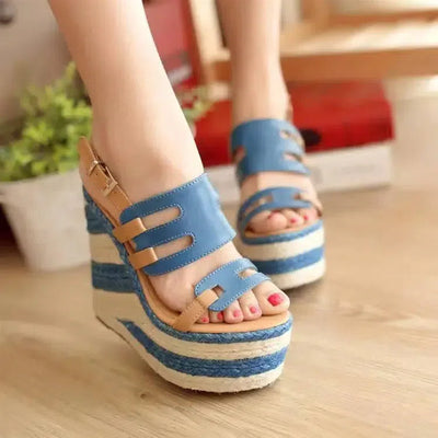 High heels sandals striped Straw shoes Casual-Blue-1