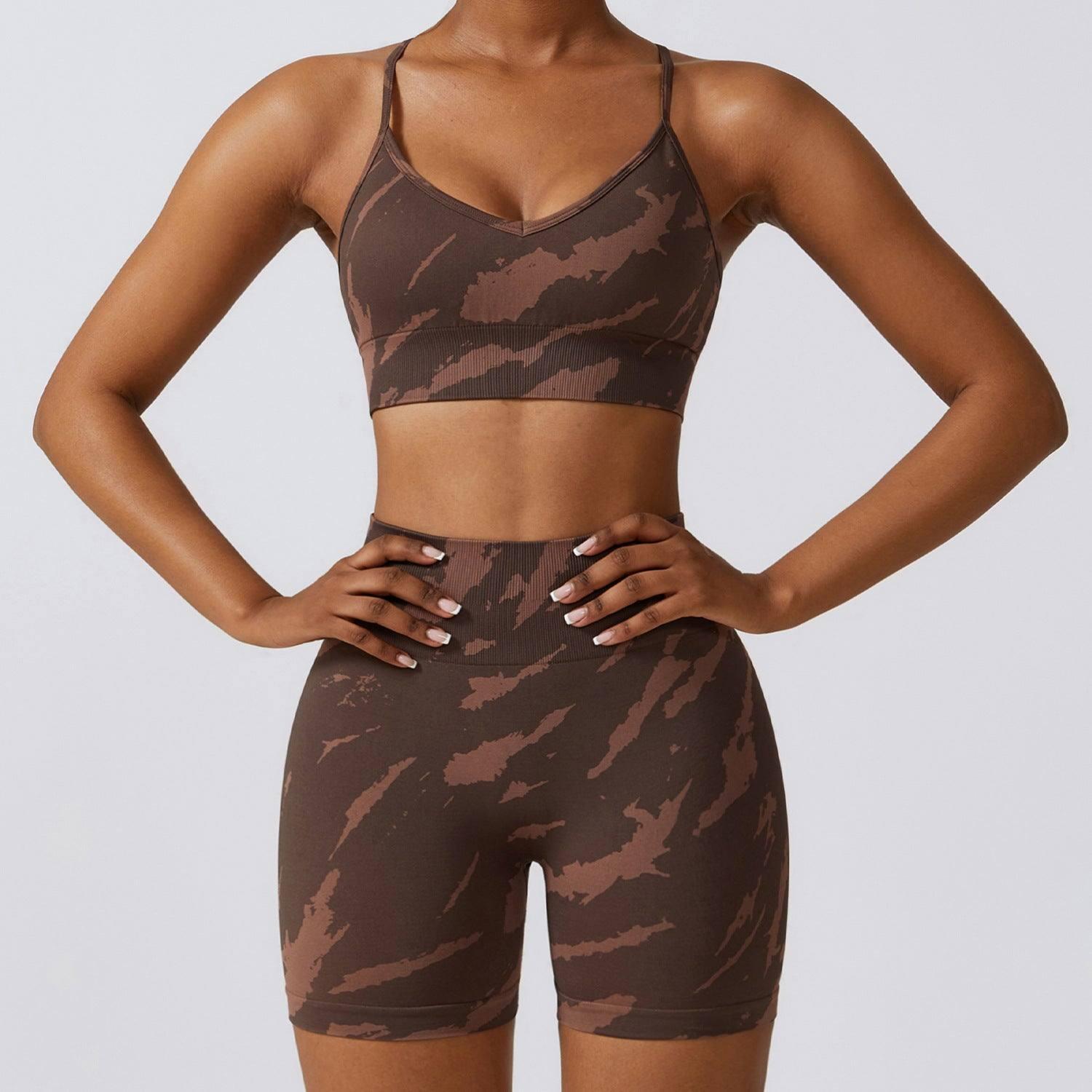 Camouflage Printing Seamless Yoga Suit Quick-drying High-Brown Bra Shorts-4