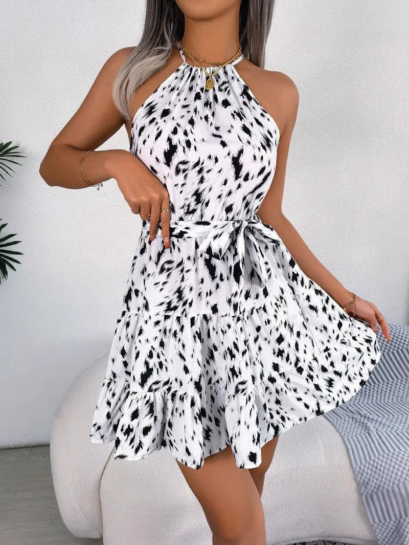 Casual Leopard Print Ruffled Swing Dress Summer Fashion Beach Dresses Women-White-2