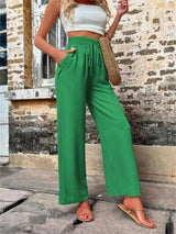 New Casual Pants With Pockets Elastic Drawstring High Waist Loose Trousers For Women-Green-7