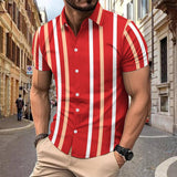 Casual Striped Printed Short Sleeve Shirt Summer Lapel Olive Green / 3XL-Wine Red-1