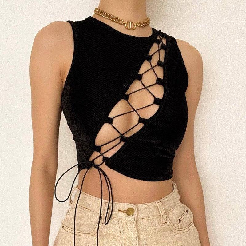 Chest Cutout Strap Sexy Vest-Black-1