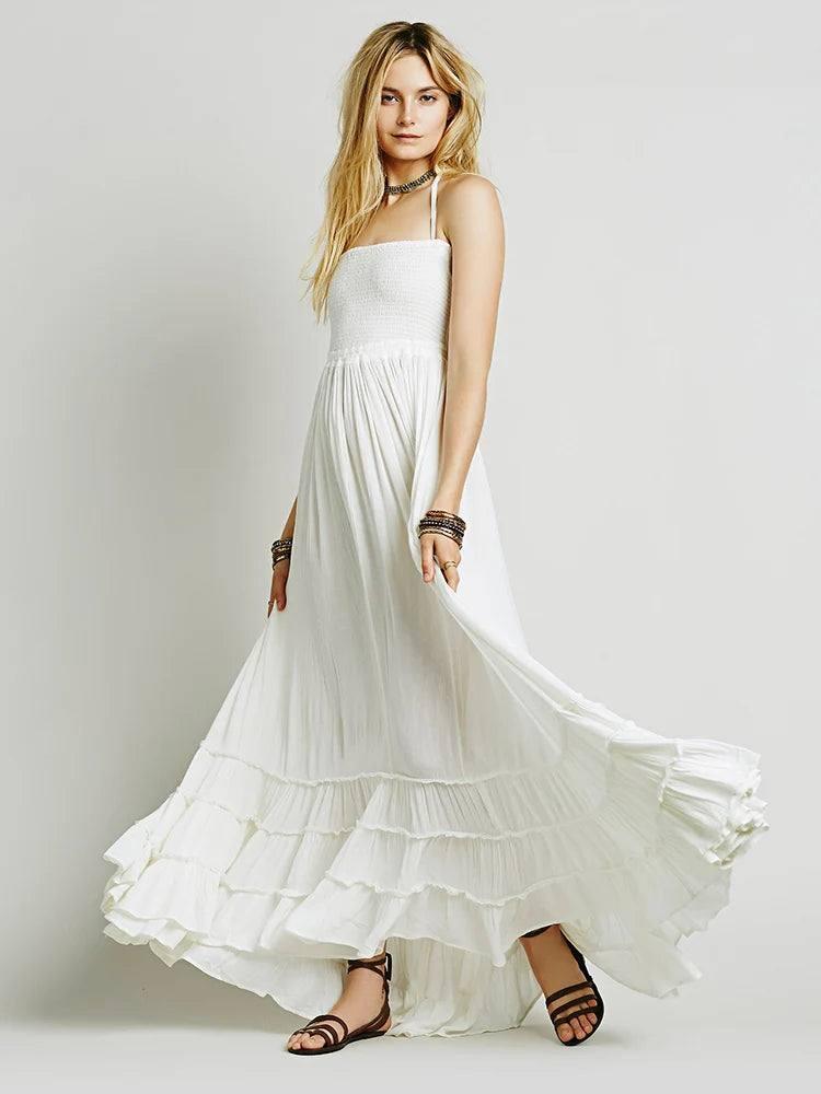 BellFlower Bohemian Ankle-Length Dress - A Summer Staple with Effortless Elegance!-Beige White-8