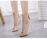 Chic Clear Heel Booties: Trendy Lace-up Ankle Boots-6