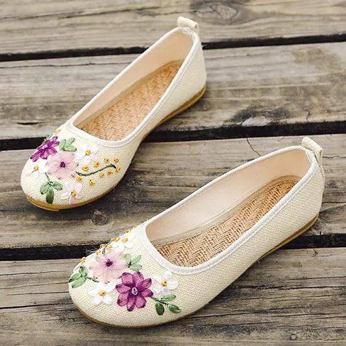 Vintage Flats Flower Slip On Cotton-White-9