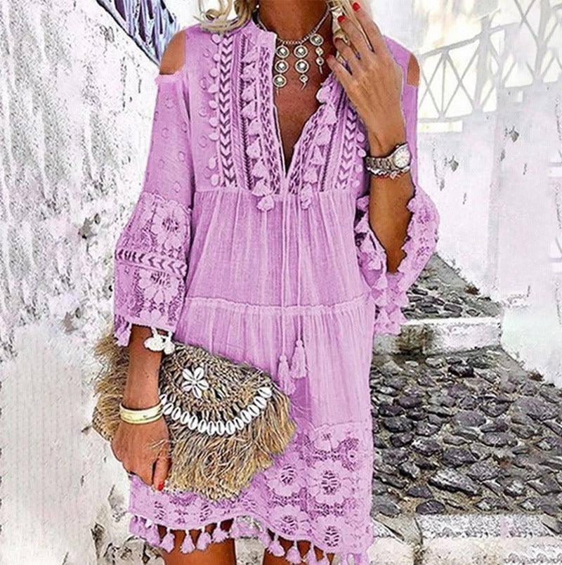 Chic Fringe Long Sleeve Dres-Violet-5