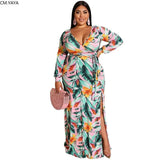 CMYAYA Plus size XL-5XL Autumn women fashion Print Sashes Long Maxi dress open Bodycon night Beach Casual dresses vestidos-SKY BLUE-3