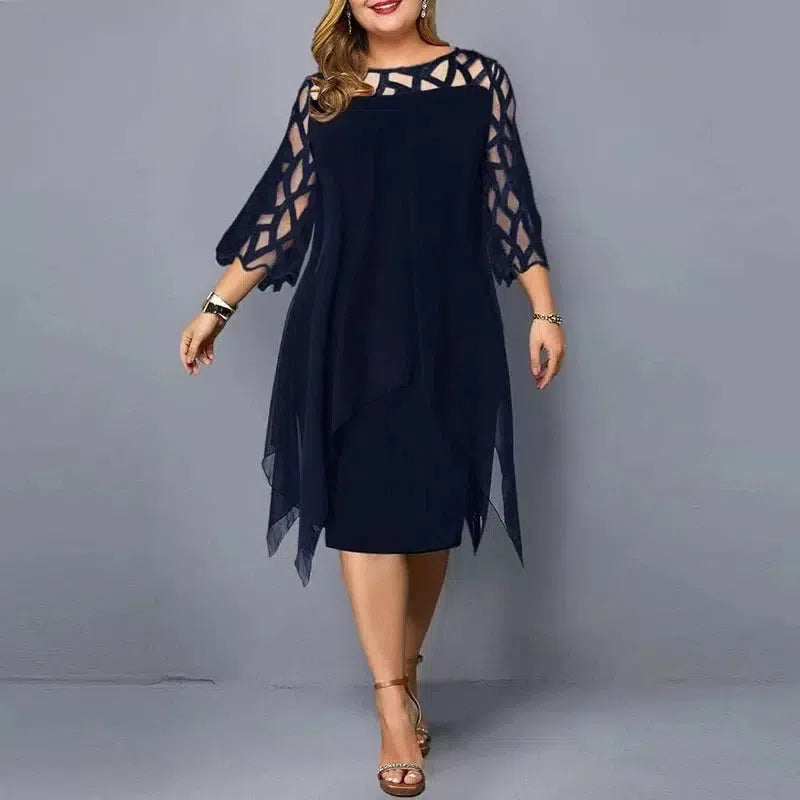 New Elegant Lace Plus Size Dresses Women Hollow Out Oversize Dress Loose Casual Vestidos De Fiesta Midi Robes Femme-dark blue-10