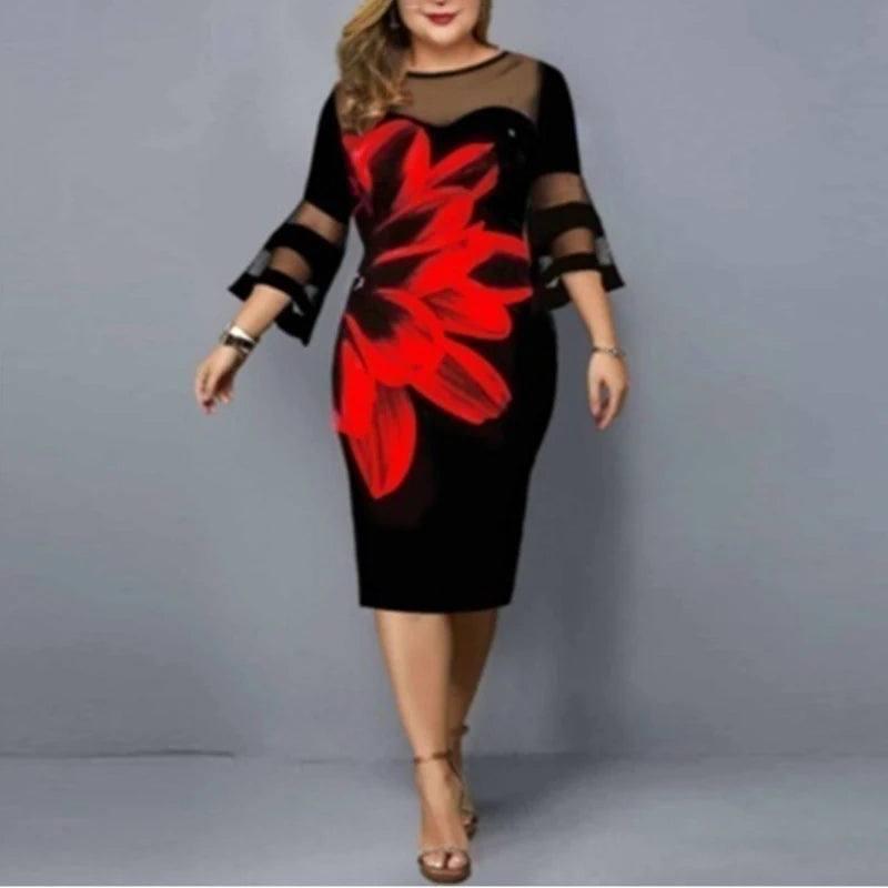 Dress Women Evening Party 2021 Midi Elegant Lace Print Floral Casual Black Vintage Knitted Clothing 4xl 5xl 6xl Plus Size-5