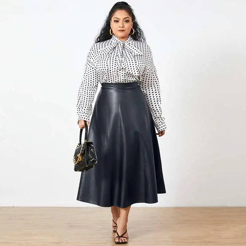 Plus Size Party Midi Skirt 2023 Autumn Women Solid Winter PU Leather Skirts Celmia Office Retro Long Skirts High Waist OL Skirt-Navy-8