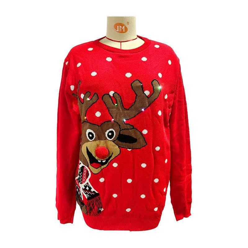 Christmas Elk Red Loose-fitting Knitted Sweater-Red-3