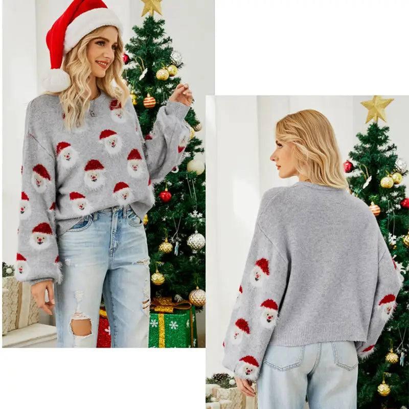 Christmas Sweater Women Cute Cartoon Santa Print Knit-6