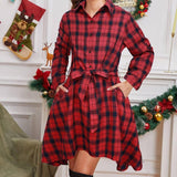 Clothing Christmas Series Dress Lapel Plaid Drawstring Long-9