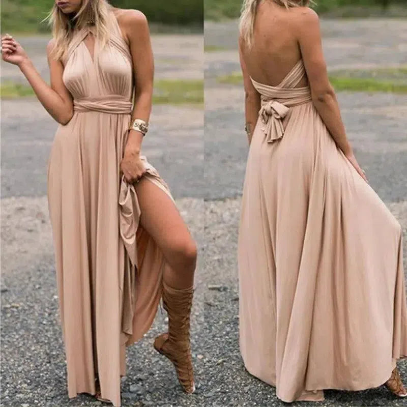 Convertible Wrap Maxi Dress - Red Boho Party Wear-Champagne-1