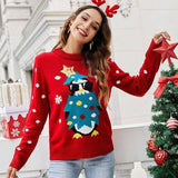 Crew Neck Long Sleeve Animal Christmas Sweater-Red-1