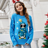 Crew Neck Long Sleeve Animal Christmas Sweater-Blue-5