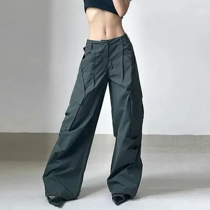 Crumpled Design Irregular Pockets Loose Wide Leg Trousers-Green-1