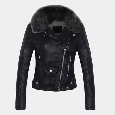 DETACHABLE FUR COLLAR WARM FAUX LEATHER JACKET-Black-6