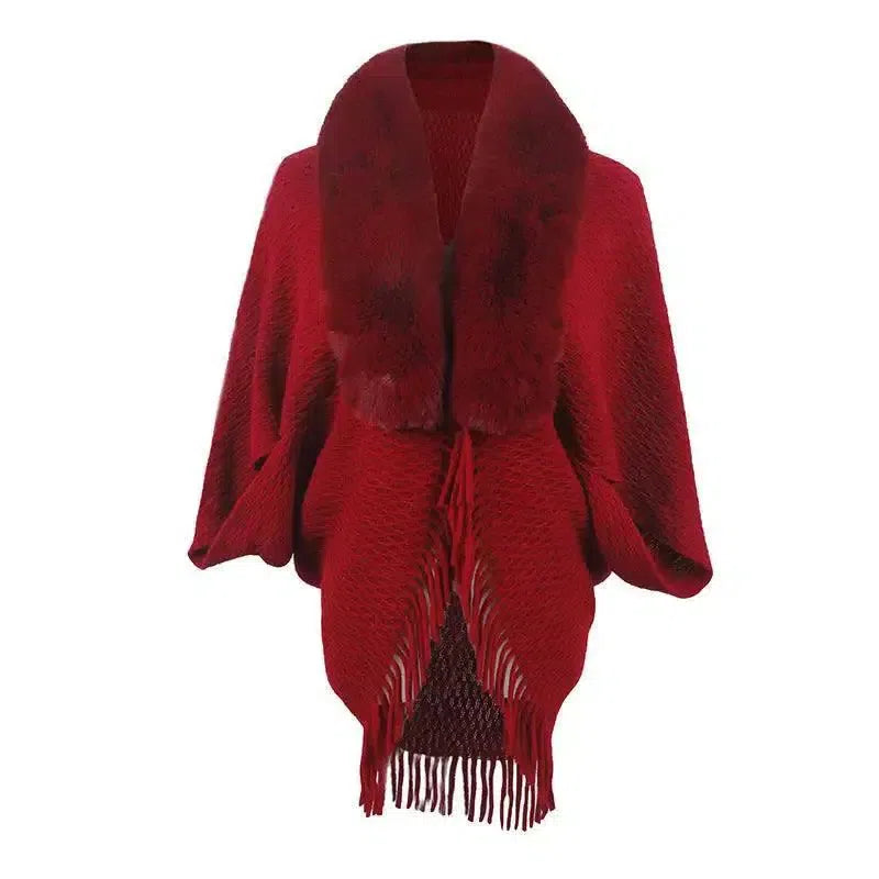 Drizzling Fur Collar Knitted Tassel Cape Coat Women-Red-3