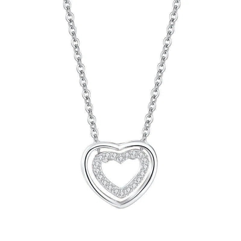 S925 Sterling Silver Heart To Heart Pendant Necklace-White Gold Color-5