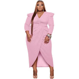 Women's Clothing New Style Long Sleeve V Neck Urban Plus Size Evening Dress 5xl Solid Color Elegant Party Dresses Wholesale-Pink-10