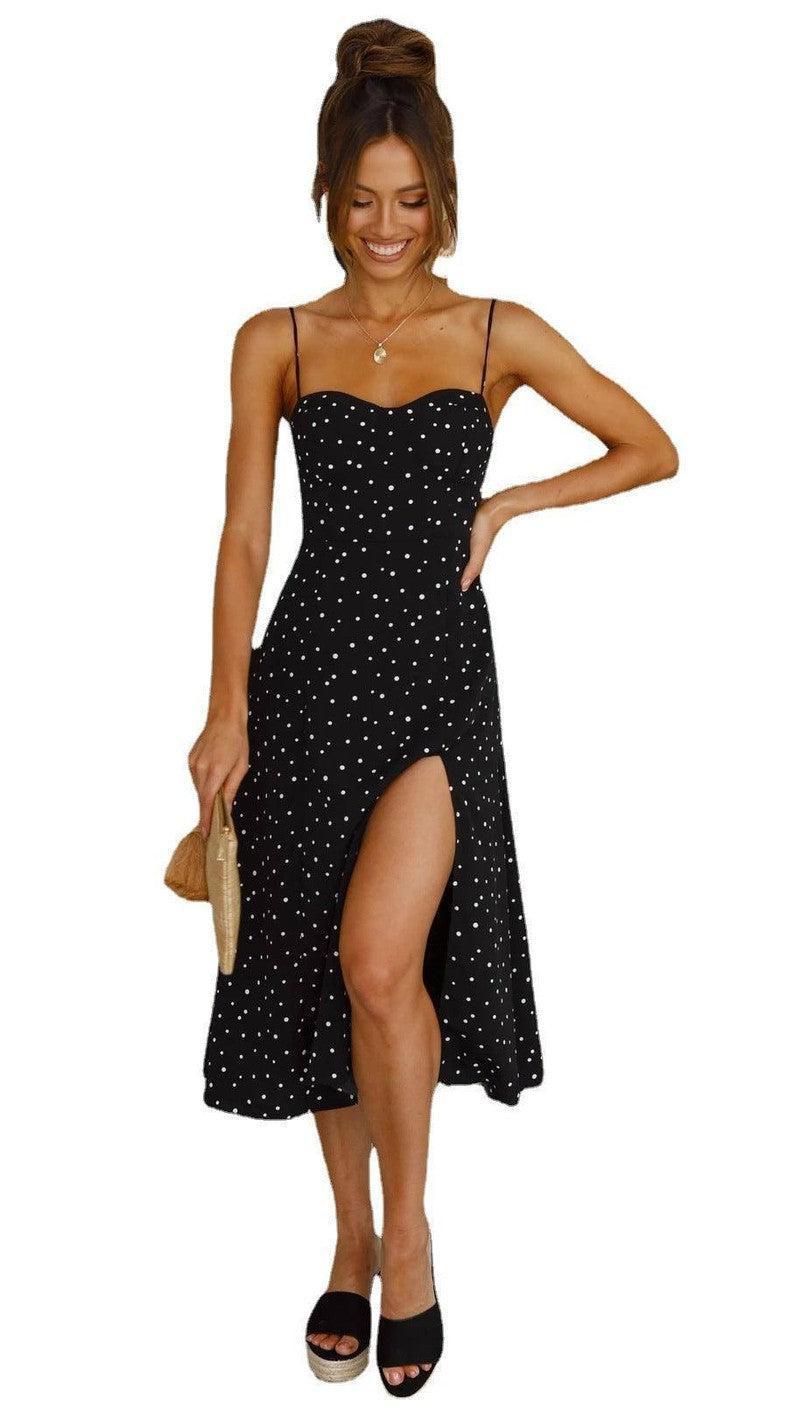 Elegant Polka Dot Slit Dress with Suspender Design-Black-5