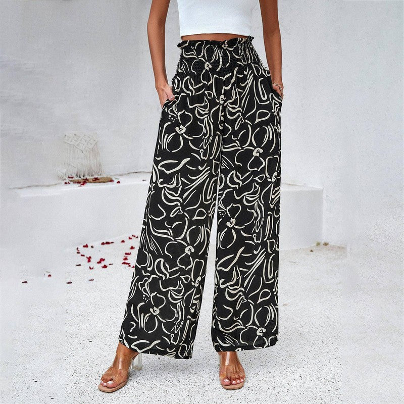 Elegant Printed Trousers Summer Loose Elastic High Waist-Black-2