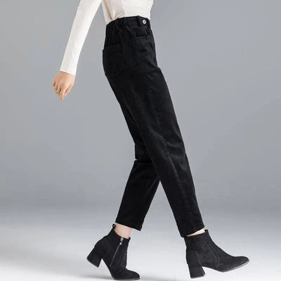 Elegant Striped Pants Tapered Corduroy Women-Black Regular Single-3