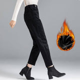 Elegant Striped Pants Tapered Corduroy Women-Black Plus Velvet-7