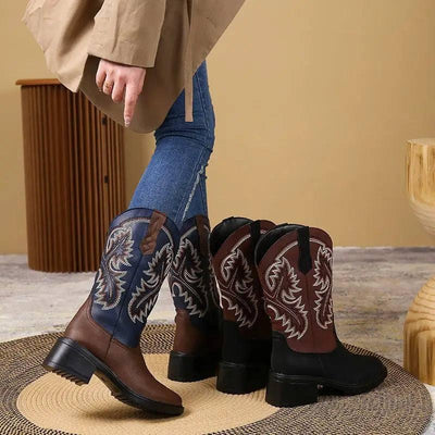 Embroidery Shoes Western Boots Chunky Mid Heel Cowboy Boots-4