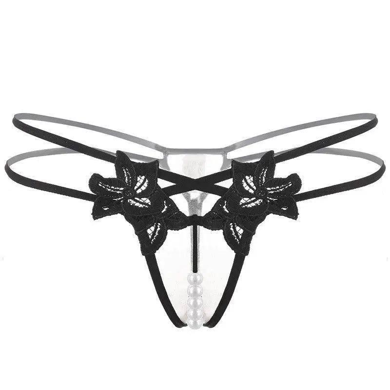 Lingerie Embroidered Women's Thong-Black-4