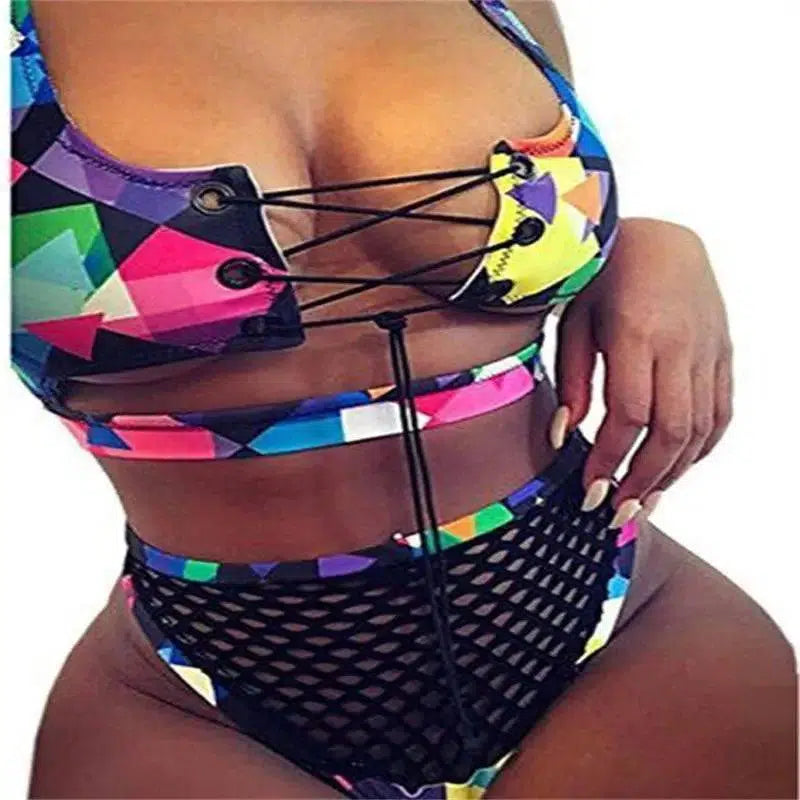 European And American High Waist Mesh Bikini Strap Hollow-Checkered-4