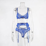 European and American lingerie lace three-piece women-Blue-4