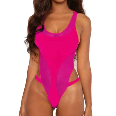 European And American Solid Color One-piece Bikini Swimsuit-RoseRed-3