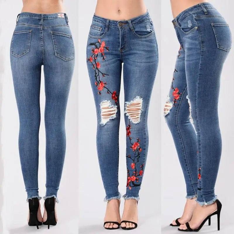 LOVEMI - Fashion hole embroidered high-elastic denim women's trousers