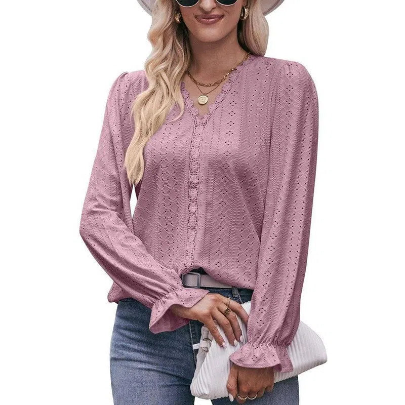 Fashion Lace V-neck Long Sleeve Top-6