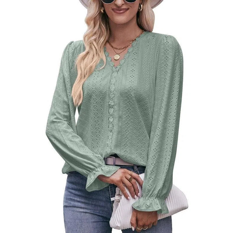 Fashion Lace V-neck Long Sleeve Top-9