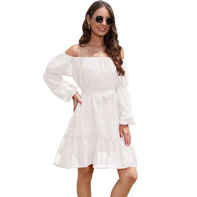 Fashion One-shoulder Long Sleeve Dress For Women Tie Waist Off-shoulder Bubble Dot Ruffle Design Chiffon Dress-White-4