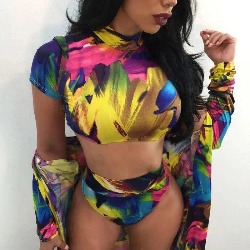 fashion printing suit blouse + sunscreen bikinis-2