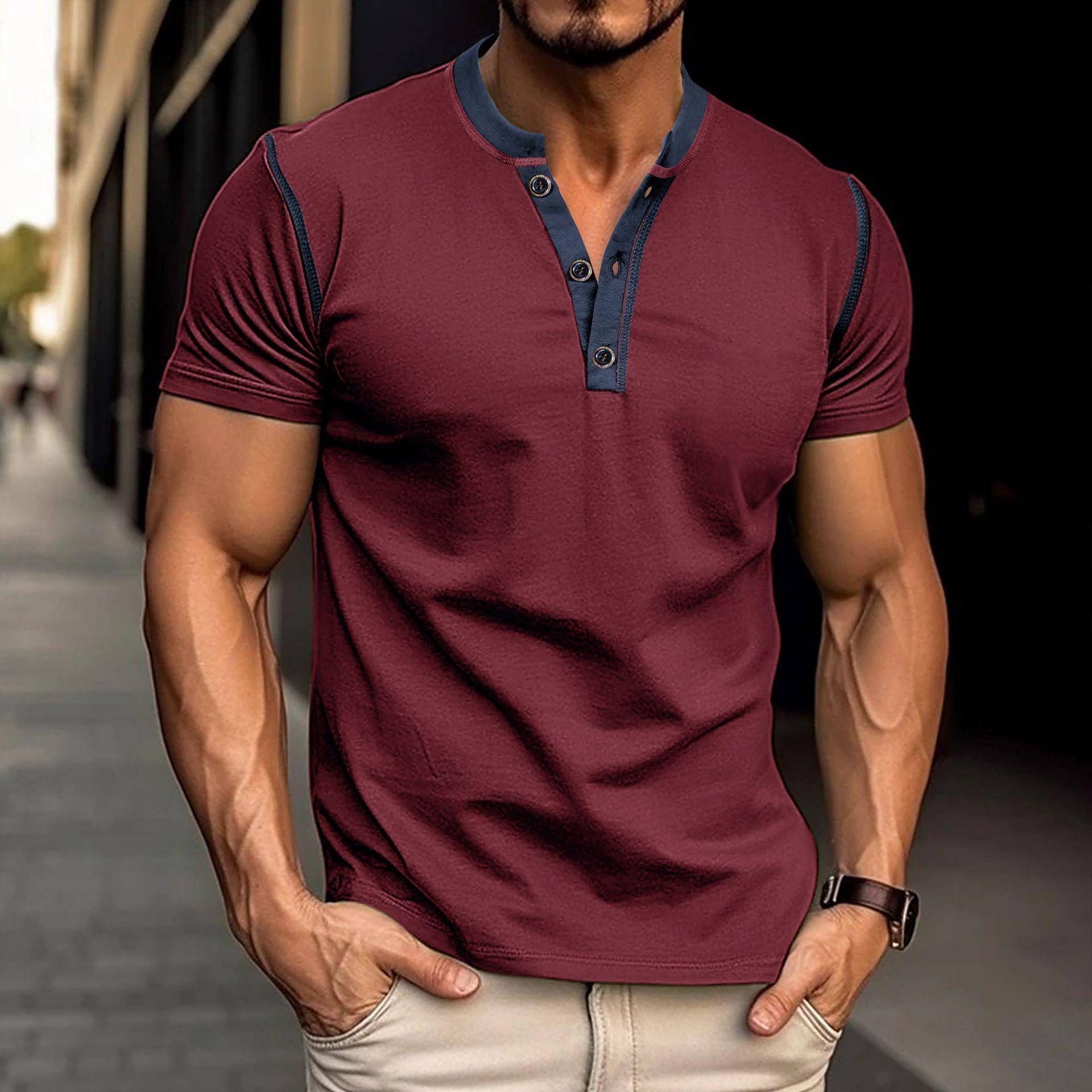 Fashion Short-sleeved Polo Shirt Summer Button V-neck-Wine Red-6