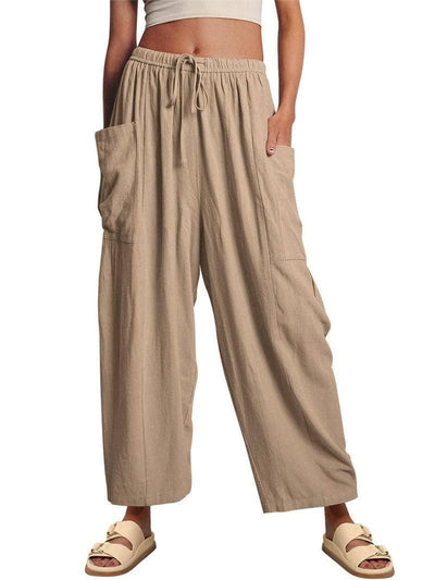 Fashion Wide Leg Pants Summer Loose Elastic High Waist Yellow / 3XL-Khaki-9