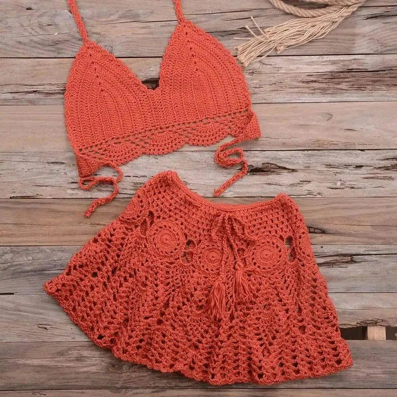 Fashionable Modern Hand-woven Beach Vacation Strappy Bikini-Rustred-7