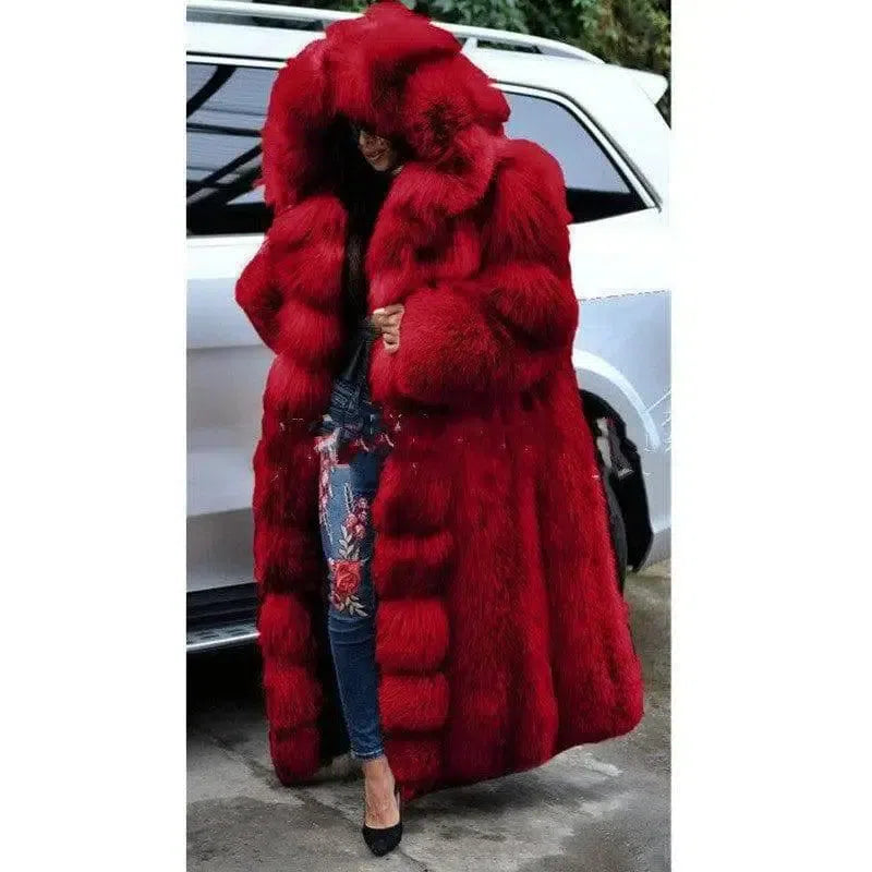 Faux Fur Coat Women Long Hooded Fur Coat-Red-3