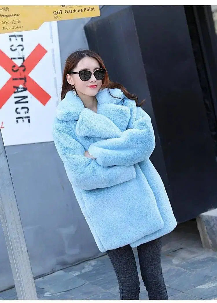 Female Imitation Rabbit Fur Loose Lapel Coat-Blue-4