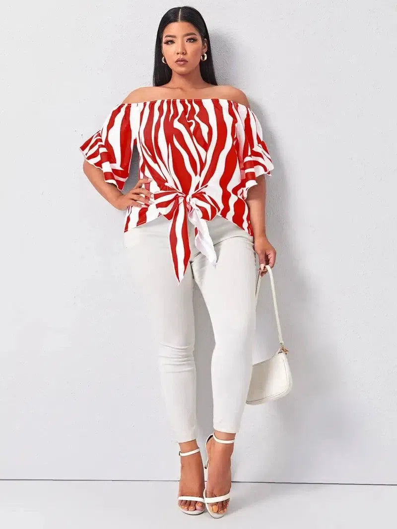 Finjani Red Panel Blouse Barrel Neck Bell Sleeves Striped-3