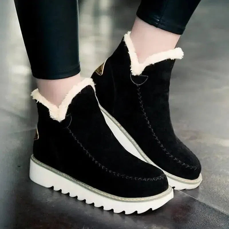 Flats Shoes Women Winter Snow Boots Warm Plush Ankle Booots-Black-2