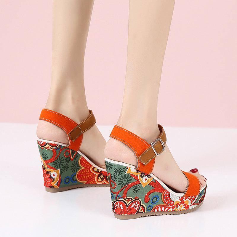 Floral Embroidered High Wedge Sandals-4